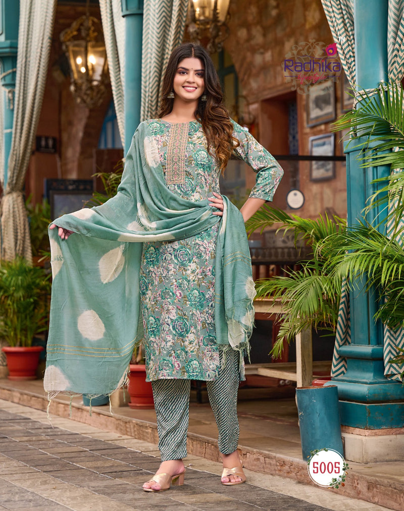 Radhika Lifestyle Seerat Vol 5 Rayon Foil Printed With Fancy Work Kurtis