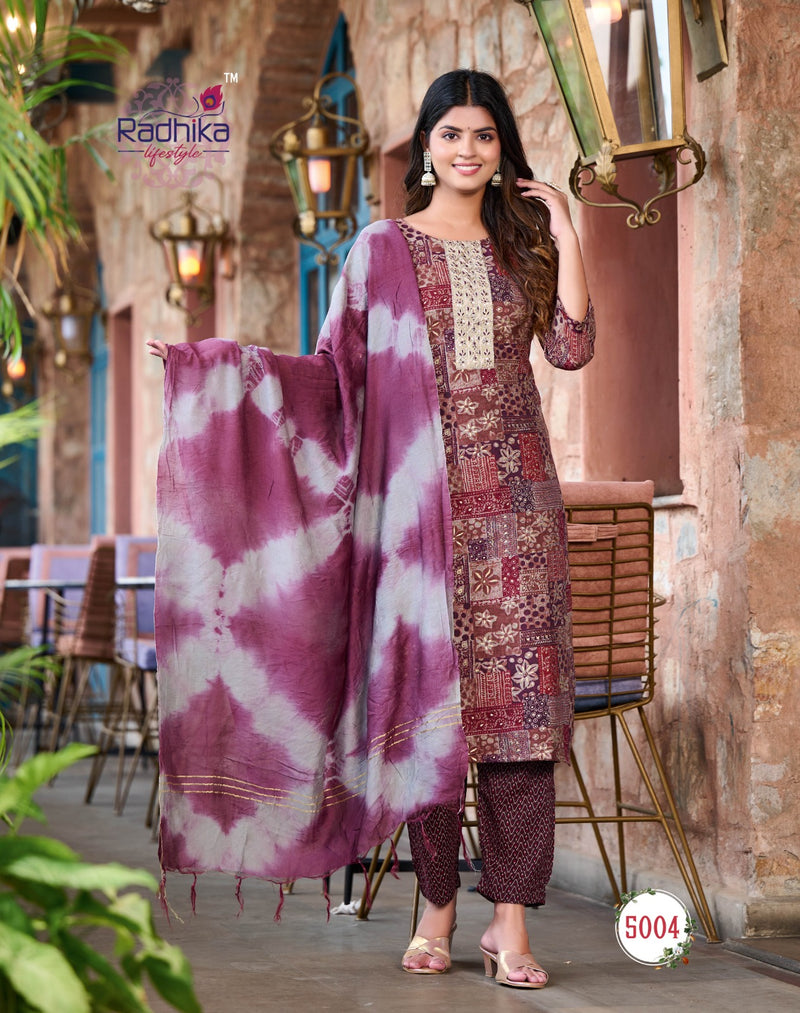 Radhika Lifestyle Seerat Vol 5 Rayon Foil Printed With Fancy Work Kurtis