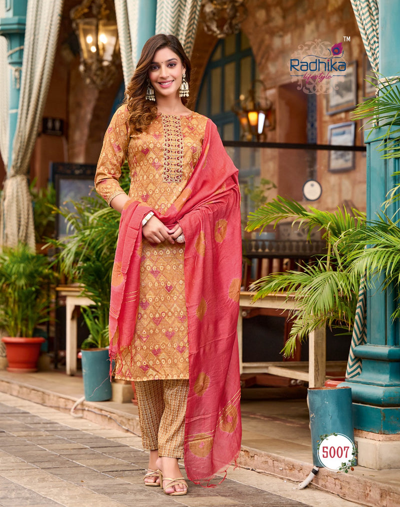 Radhika Lifestyle Seerat Vol 5 Rayon Foil Printed With Fancy Work Kurtis