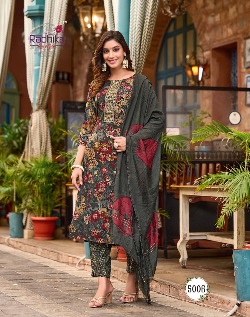 Radhika Lifestyle Seerat Vol 5 Rayon Foil Printed With Fancy Work Kurtis