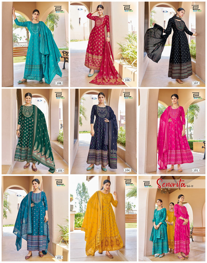 Blue Hills Senorita Vol 15 Rayon Foil Print Fancy Gowns With Cotton Dupatta