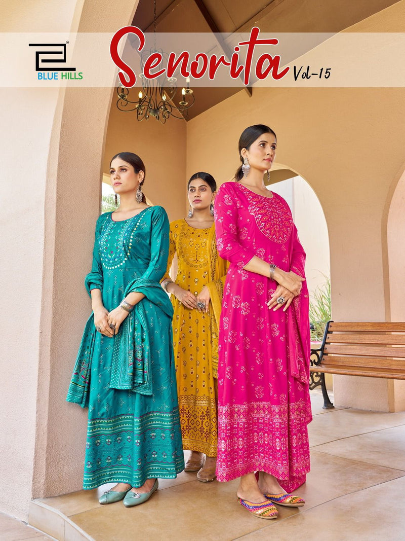 Blue Hills Senorita Vol 15 Rayon Foil Print Fancy Gowns With Cotton Dupatta