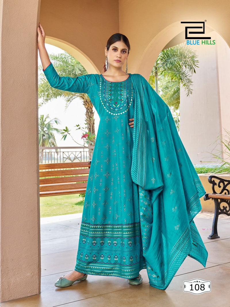 Blue Hills Senorita Vol 15 Rayon Foil Print Fancy Gowns With Cotton Dupatta