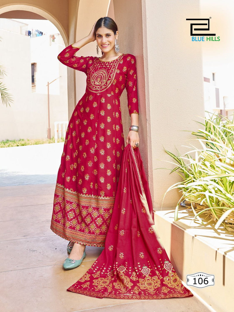 Blue Hills Senorita Vol 15 Rayon Foil Print Fancy Gowns With Cotton Dupatta