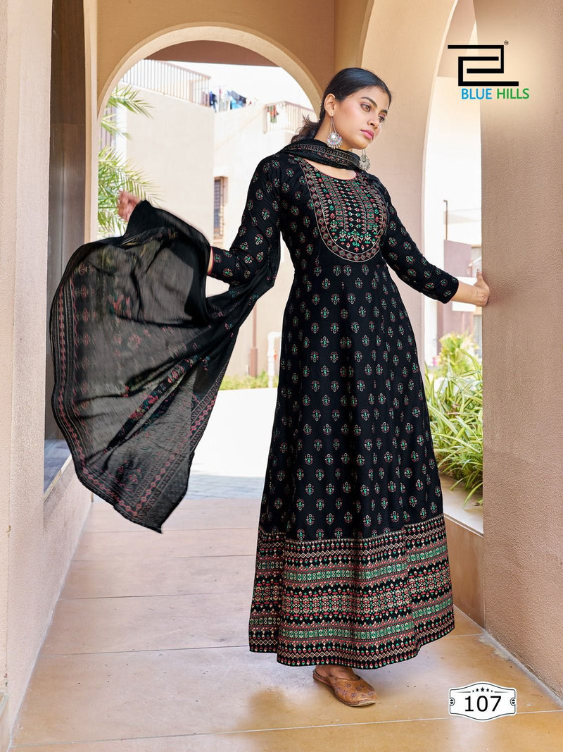 Blue Hills Senorita Vol 15 Rayon Foil Print Fancy Gowns With Cotton Dupatta