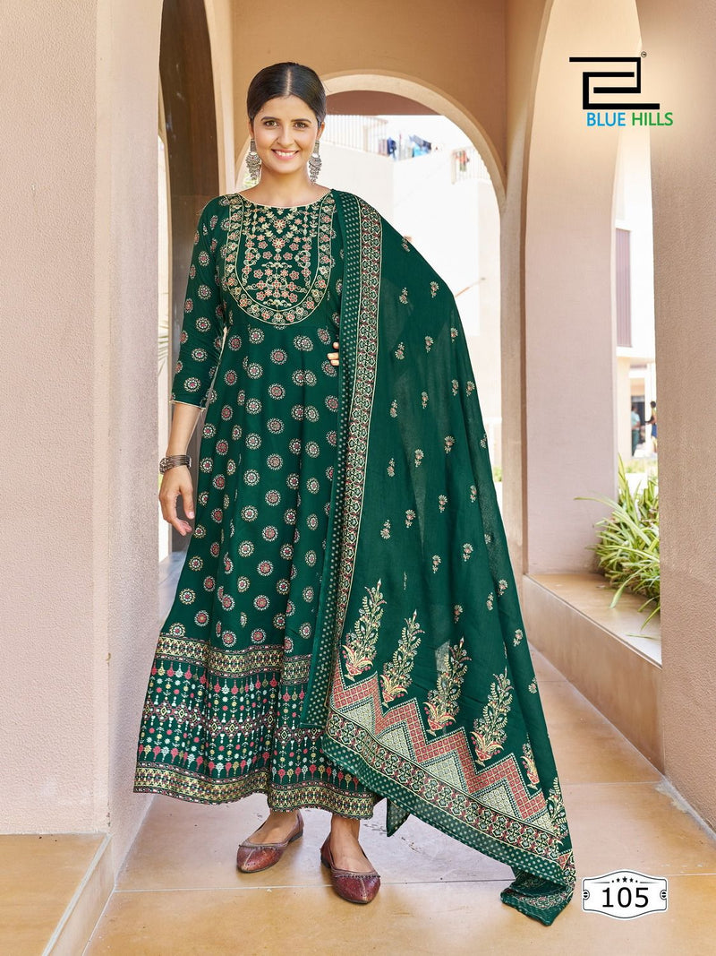 Blue Hills Senorita Vol 15 Rayon Foil Print Fancy Gowns With Cotton Dupatta