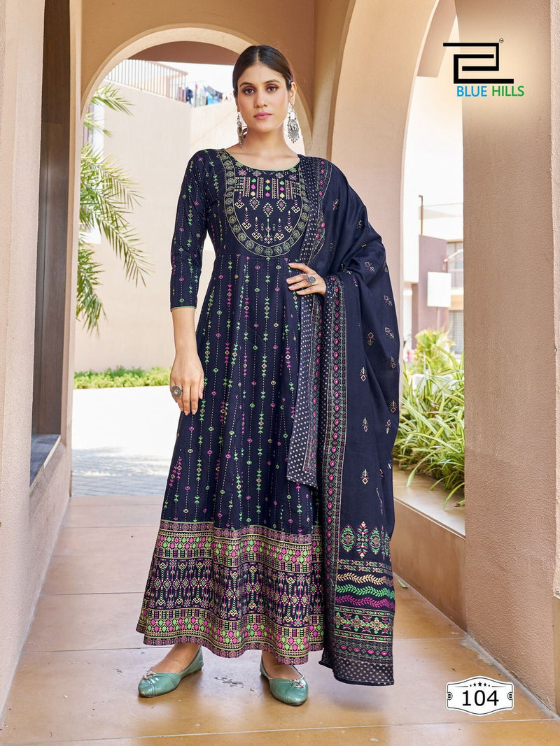 Blue Hills Senorita Vol 15 Rayon Foil Print Fancy Gowns With Cotton Dupatta