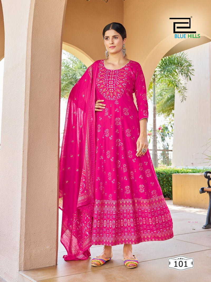 Blue Hills Senorita Vol 15 Rayon Foil Print Fancy Gowns With Cotton Dupatta