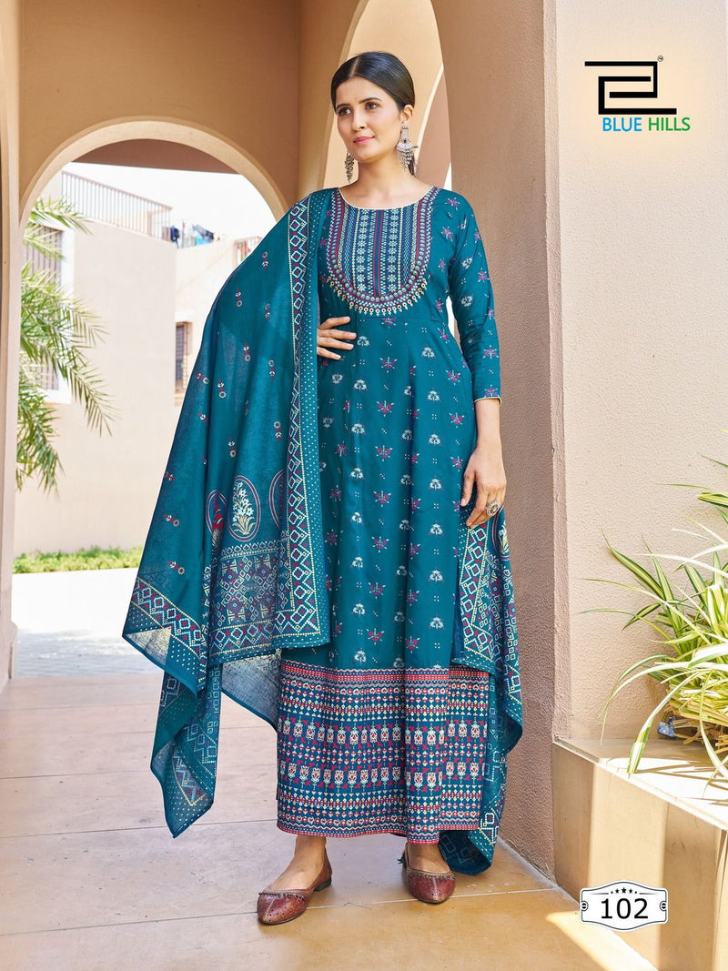 Blue Hills Senorita Vol 15 Rayon Foil Print Fancy Gowns With Cotton Dupatta