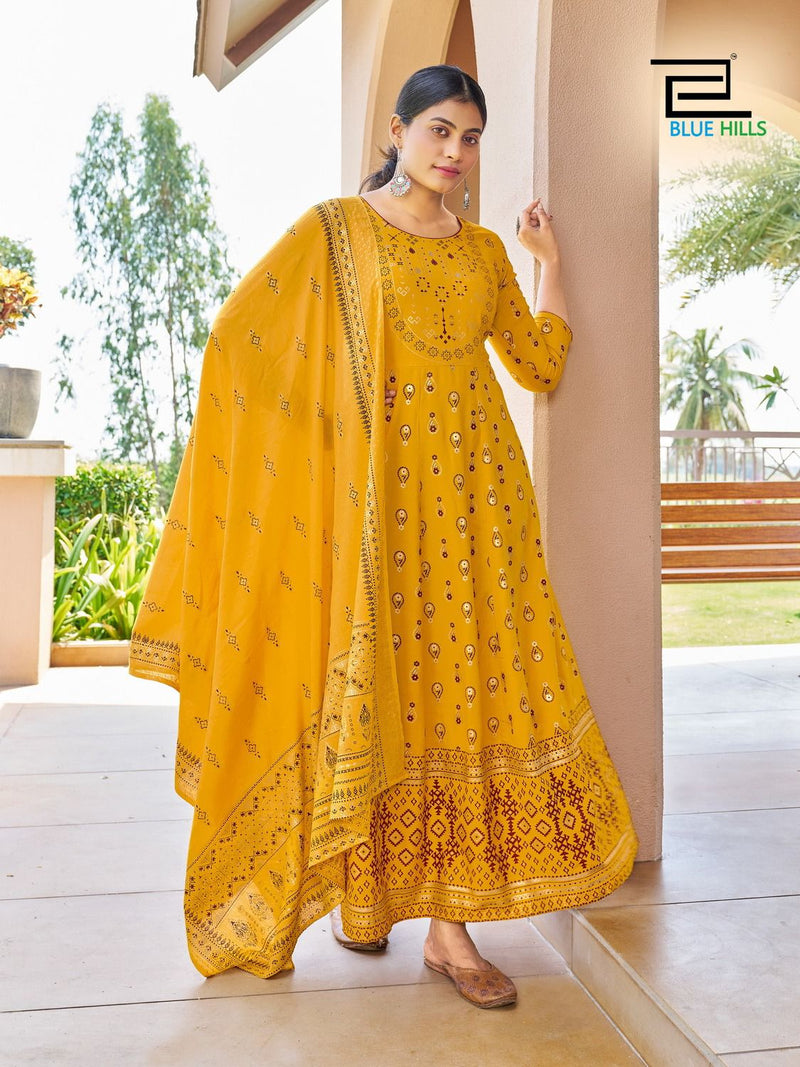 Blue Hills Senorita Vol 15 Rayon Foil Print Fancy Gowns With Cotton Dupatta
