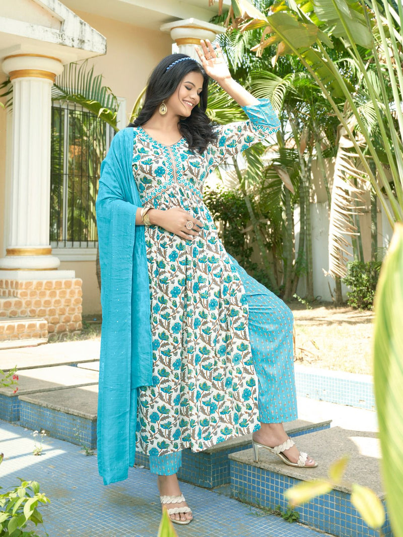 Vitara Fashion Sentosa Printed Rayon Alia Cut Style Kurti Pant With Dupatta