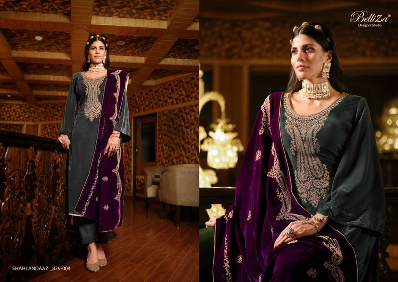 Belliza Designer Studio Shahi Andaaz Velvet With Embroidery Work Designer Suits
