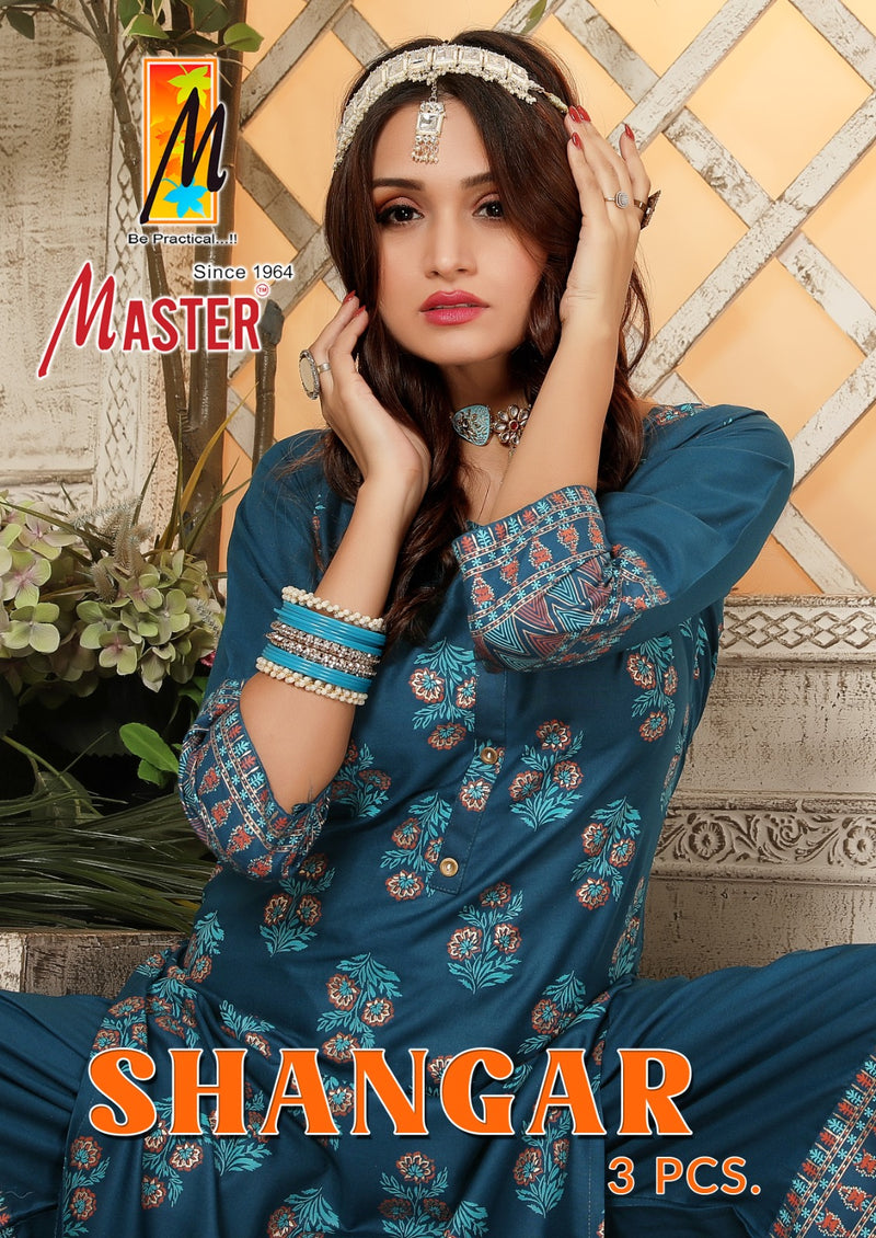Master Shangar Rayon Gold Print Kurti With Plazzo & Dupatta Set