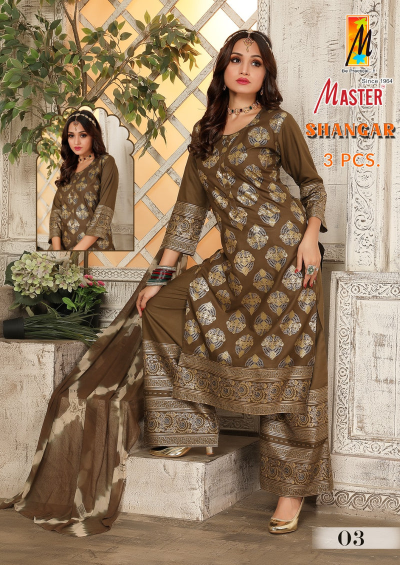 Master Shangar Rayon Gold Print Kurti With Plazzo & Dupatta Set