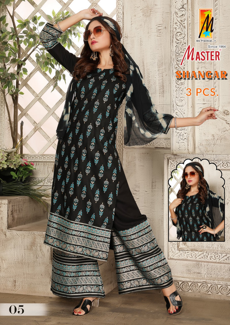 Master Shangar Rayon Gold Print Kurti With Plazzo & Dupatta Set