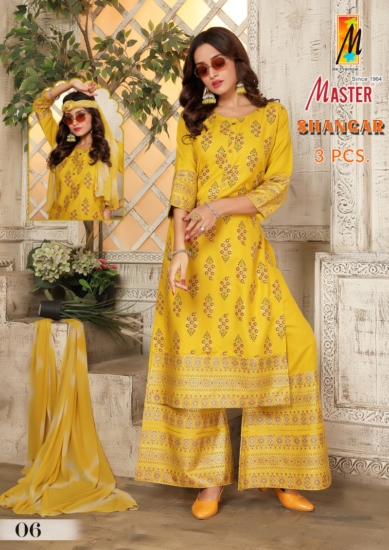 Master Shangar Rayon Gold Print Kurti With Plazzo & Dupatta Set