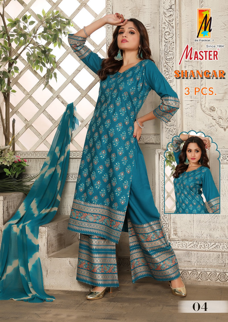 Master Shangar Rayon Gold Print Kurti With Plazzo & Dupatta Set