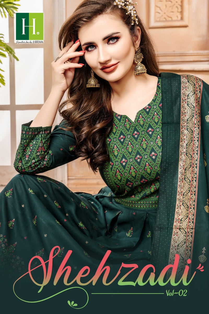 Hirwa Shehzadi Vol 2 Rayon Foil Print Designer Gown With Dupatta