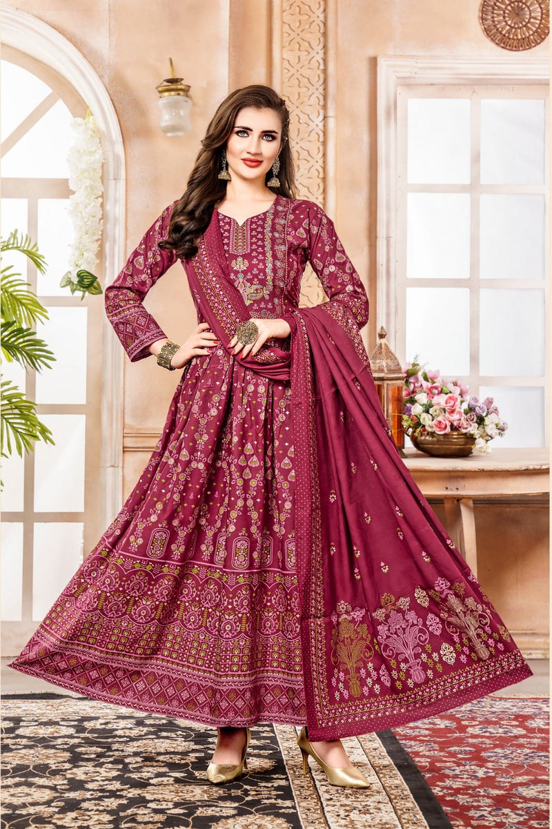 Hirwa Shehzadi Vol 2 Rayon Foil Print Designer Gown With Dupatta