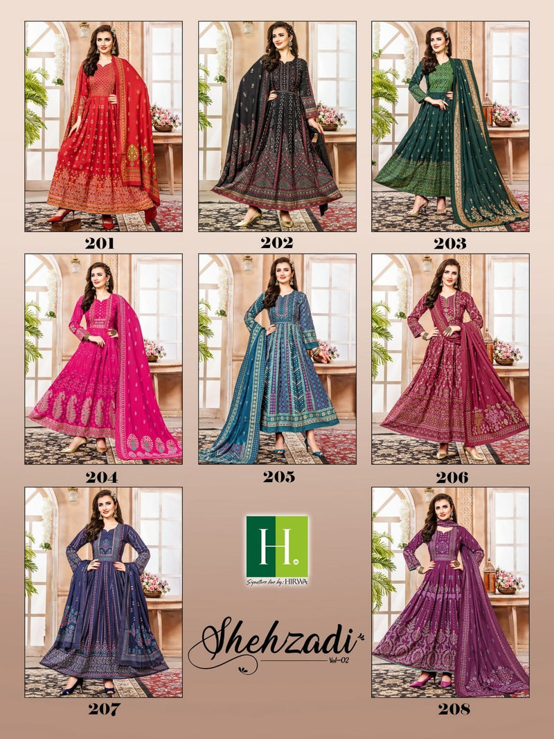 Hirwa Shehzadi Vol 2 Rayon Foil Print Designer Gown With Dupatta