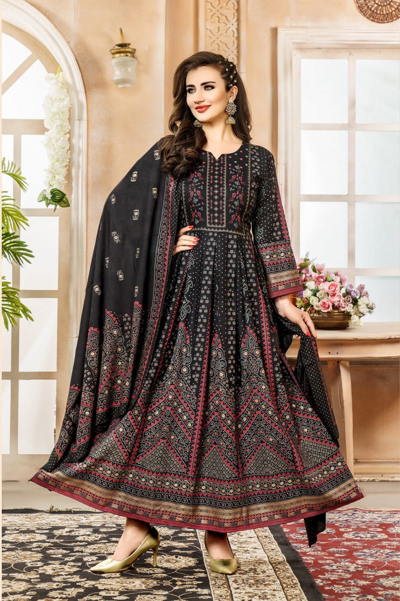 Hirwa Shehzadi Vol 2 Rayon Foil Print Designer Gown With Dupatta