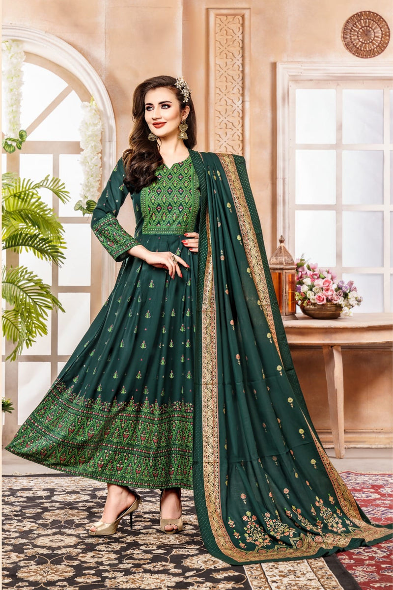 Hirwa Shehzadi Vol 2 Rayon Foil Print Designer Gown With Dupatta