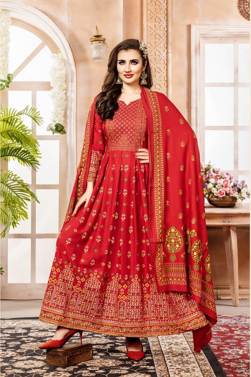 Hirwa Shehzadi Vol 2 Rayon Foil Print Designer Gown With Dupatta
