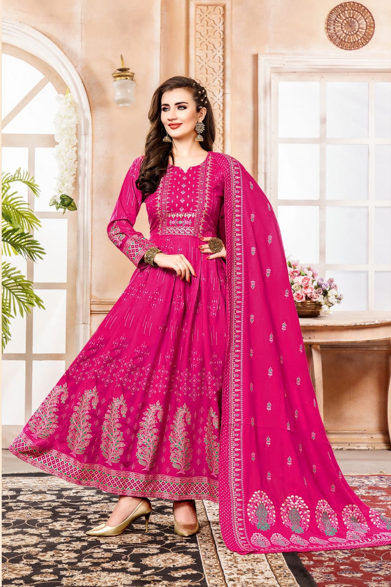 Hirwa Shehzadi Vol 2 Rayon Foil Print Designer Gown With Dupatta
