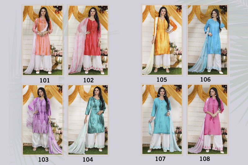 Manjeera Fashion Shibori Printed Rayon Kurti With Plazzo & Dupatta Set
