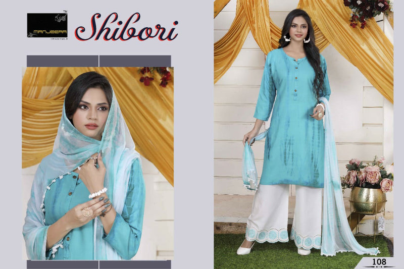 Manjeera Fashion Shibori Printed Rayon Kurti With Plazzo & Dupatta Set