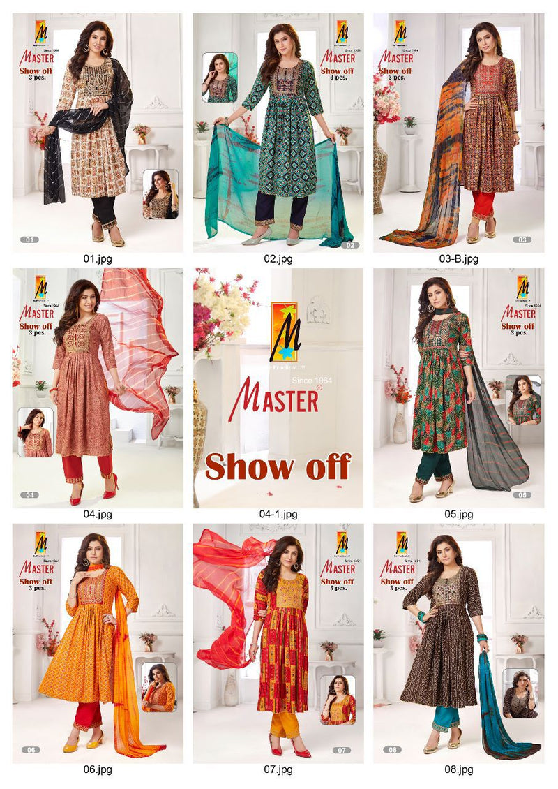 Master Show Off Rayon Foil Print Designer Fancy Nayra Cut Style Kurti Combo