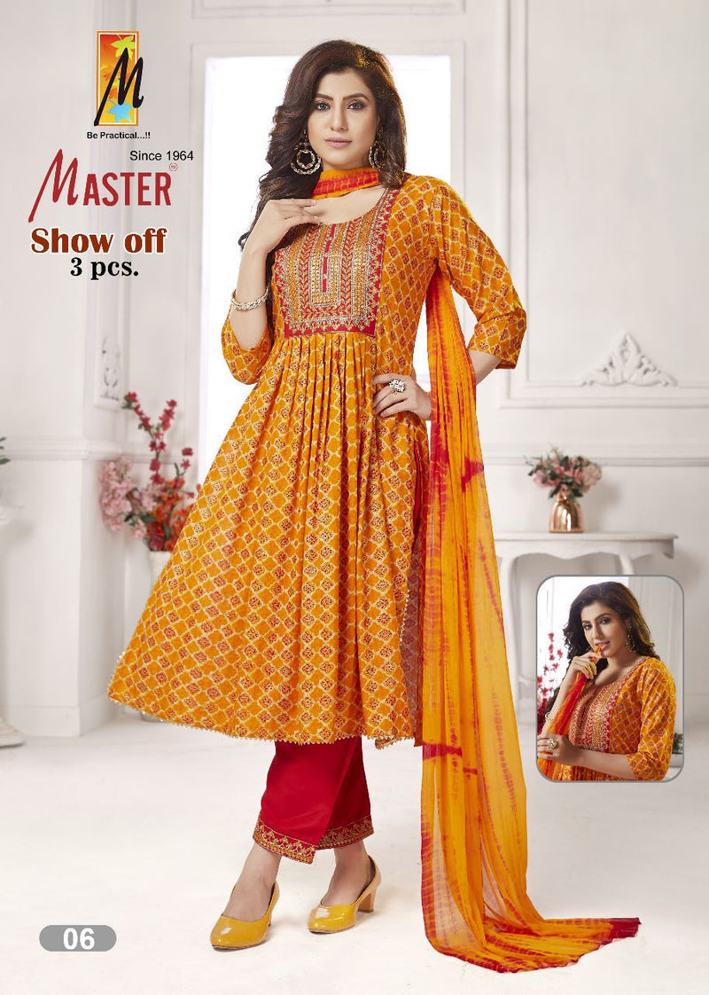 Master Show Off Rayon Foil Print Designer Fancy Nayra Cut Style Kurti Combo