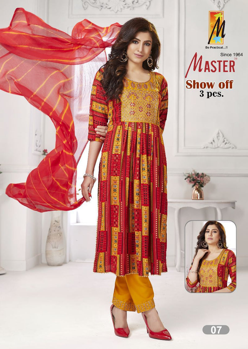 Master Show Off Rayon Foil Print Designer Fancy Nayra Cut Style Kurti Combo