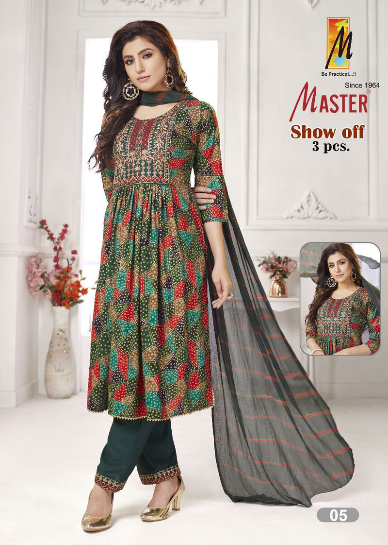 Master Show Off Rayon Foil Print Designer Fancy Nayra Cut Style Kurti Combo