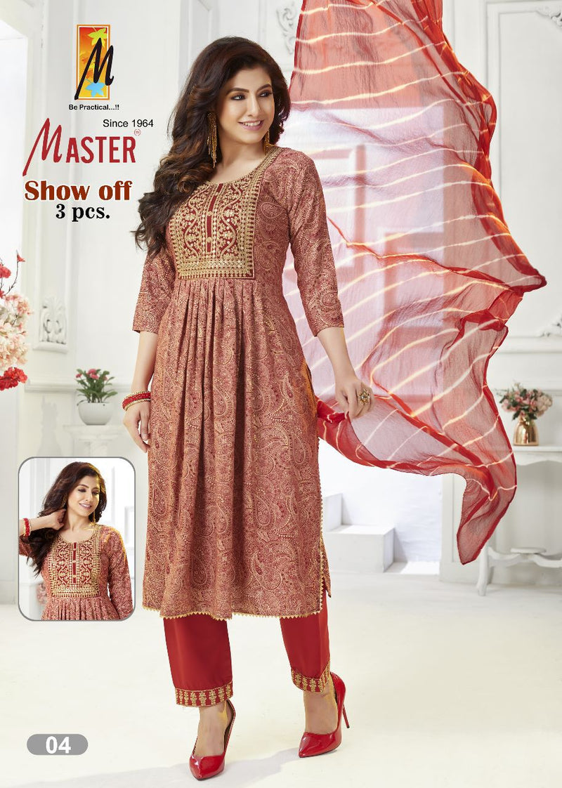 Master Show Off Rayon Foil Print Designer Fancy Nayra Cut Style Kurti Combo