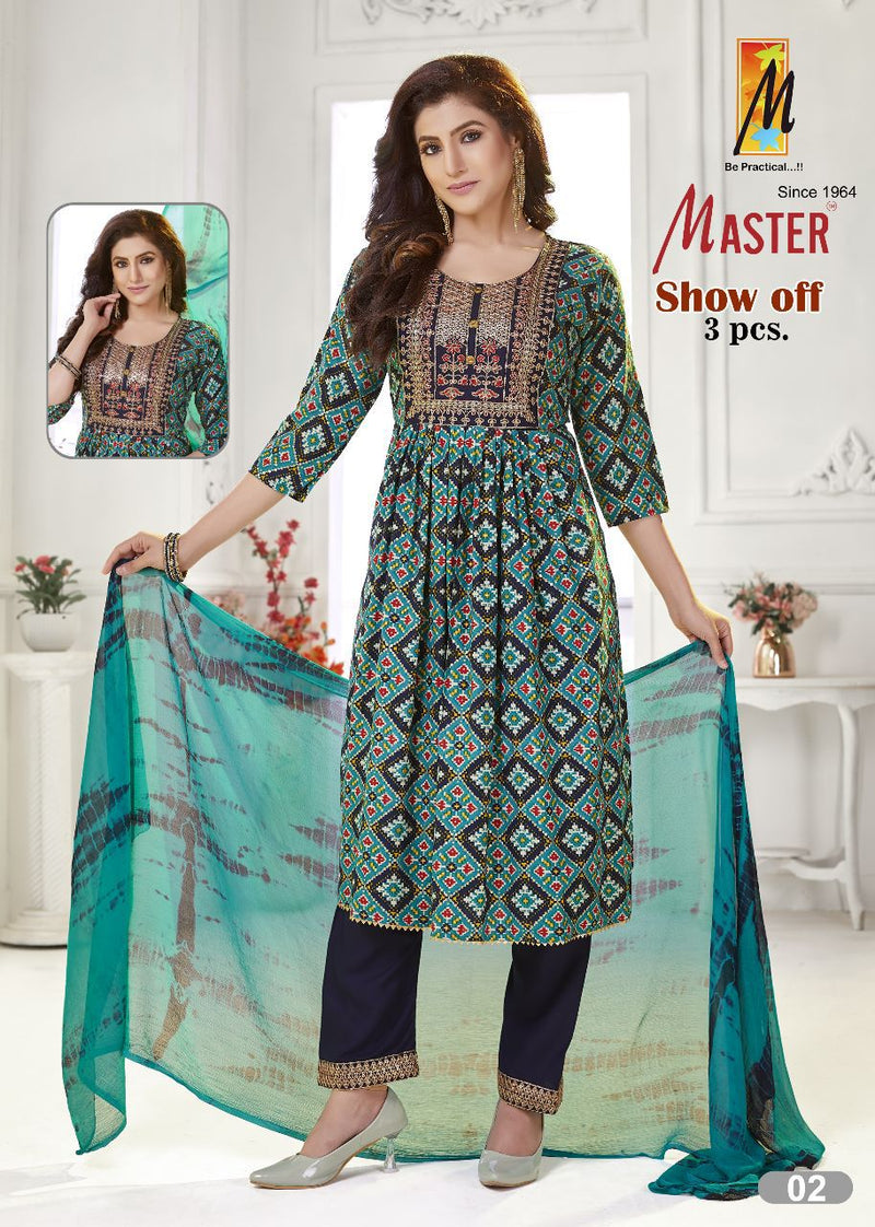 Master Show Off Rayon Foil Print Designer Fancy Nayra Cut Style Kurti Combo