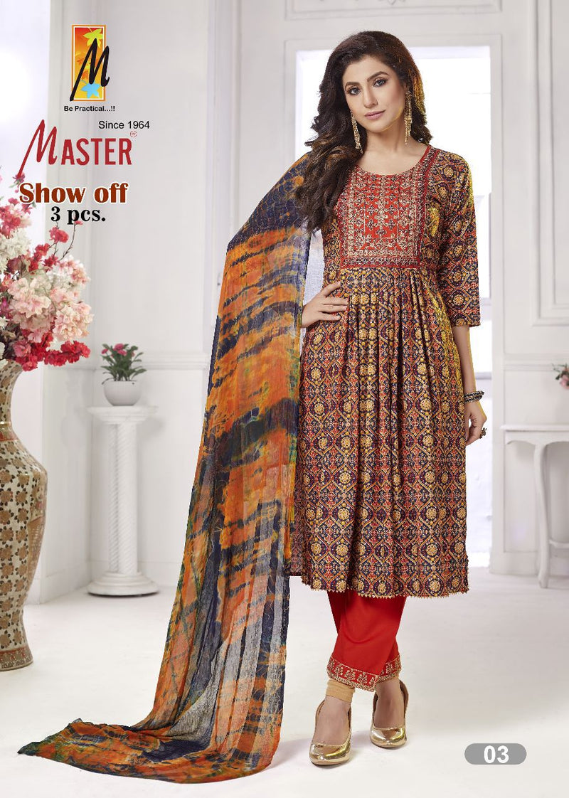 Master Show Off Rayon Foil Print Designer Fancy Nayra Cut Style Kurti Combo