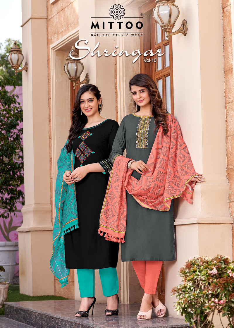 Mittoo Shringar Vol 10 Rayon Weaving Fancy Wear Kurti Pant & Dupatta Set
