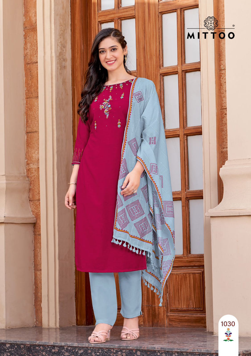 Mittoo Shringar Vol 10 Rayon Weaving Fancy Wear Kurti Pant & Dupatta Set