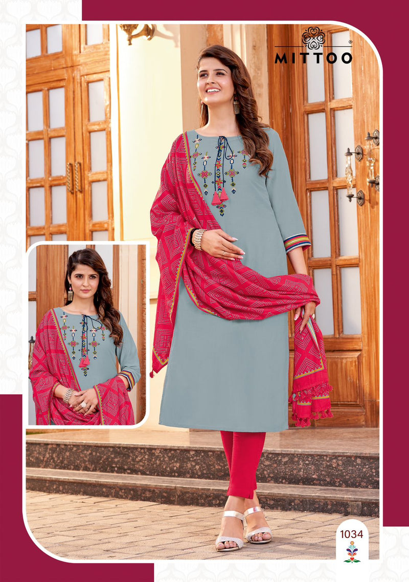 Mittoo Shringar Vol 10 Rayon Weaving Fancy Wear Kurti Pant & Dupatta Set