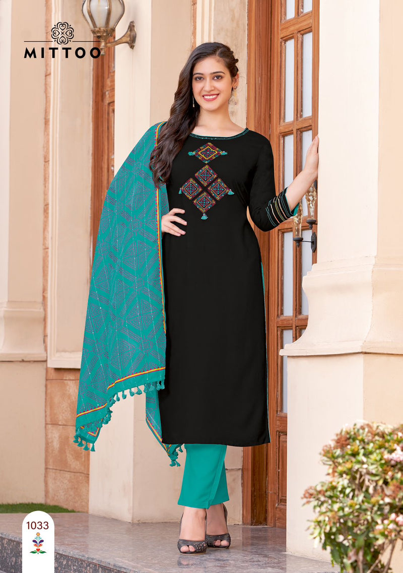 Mittoo Shringar Vol 10 Rayon Weaving Fancy Wear Kurti Pant & Dupatta Set