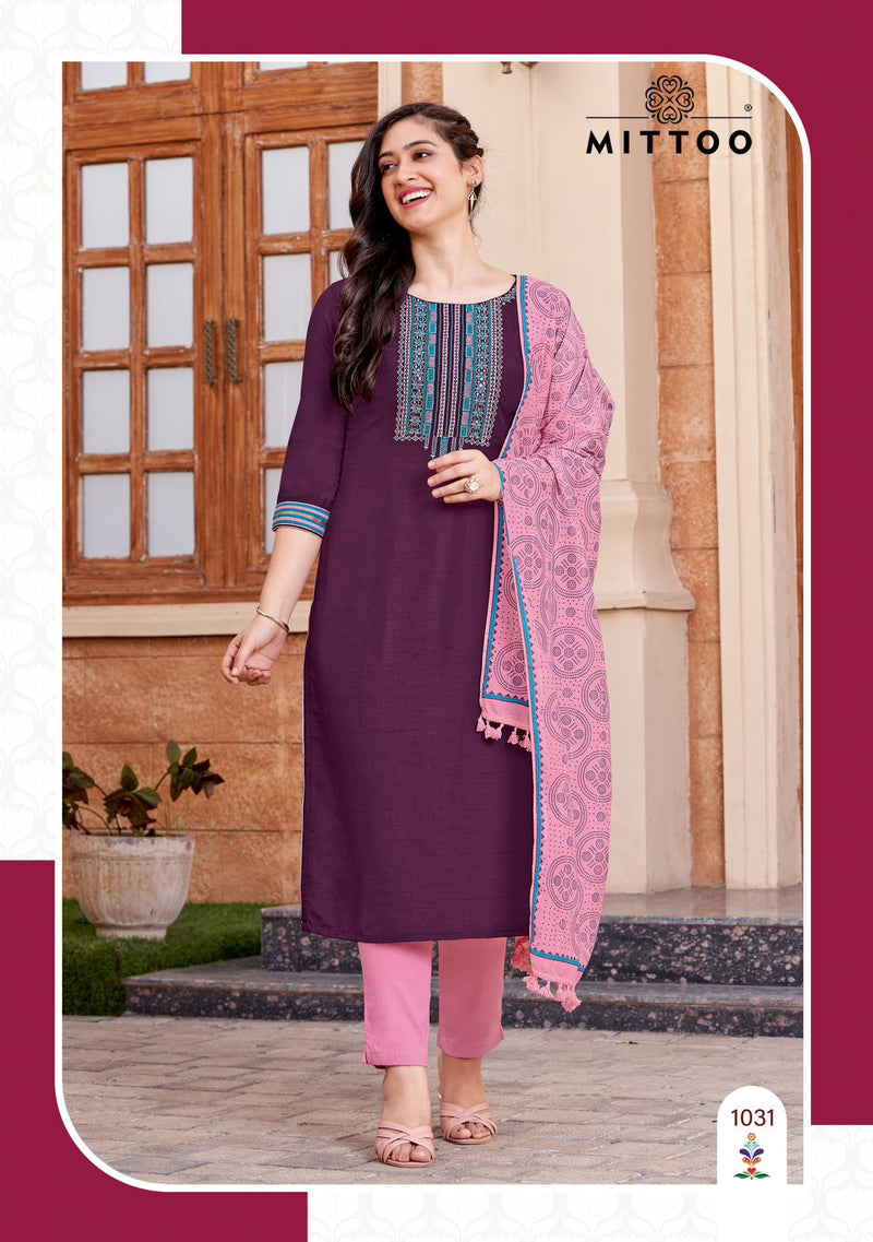 Mittoo Shringar Vol 10 Rayon Weaving Fancy Wear Kurti Pant & Dupatta Set