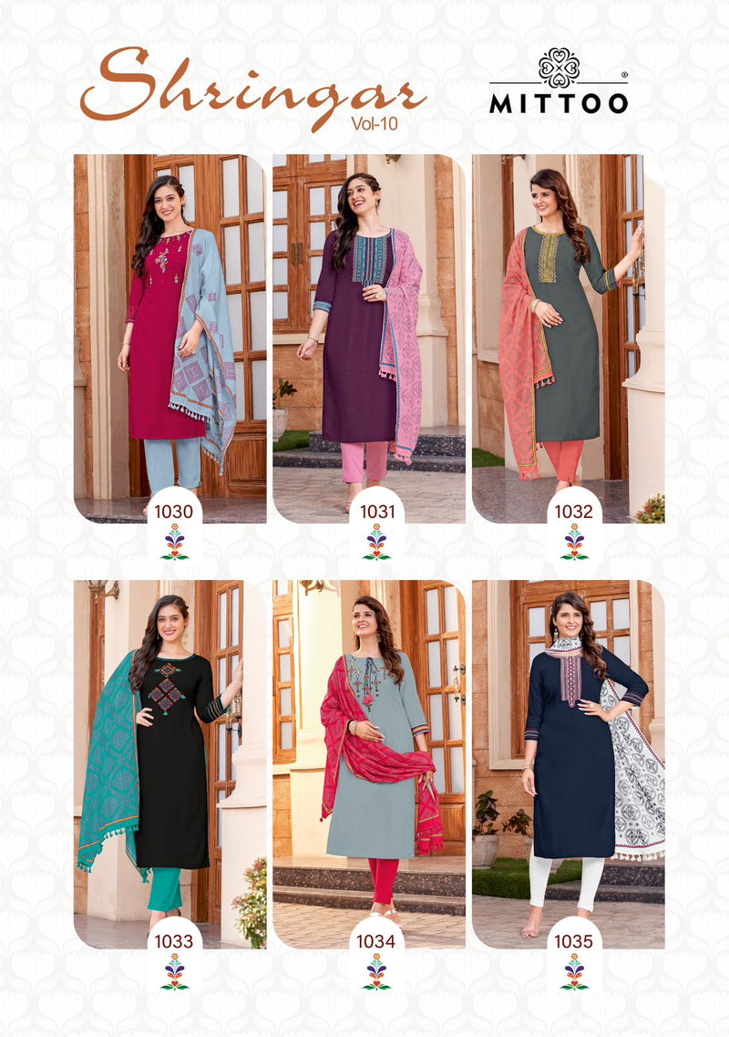Mittoo Shringar Vol 10 Rayon Weaving Fancy Wear Kurti Pant & Dupatta Set