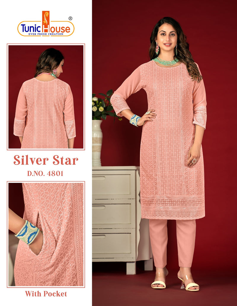 Tunic House Silver Star Chikankari Georgette Kurtis For Woman