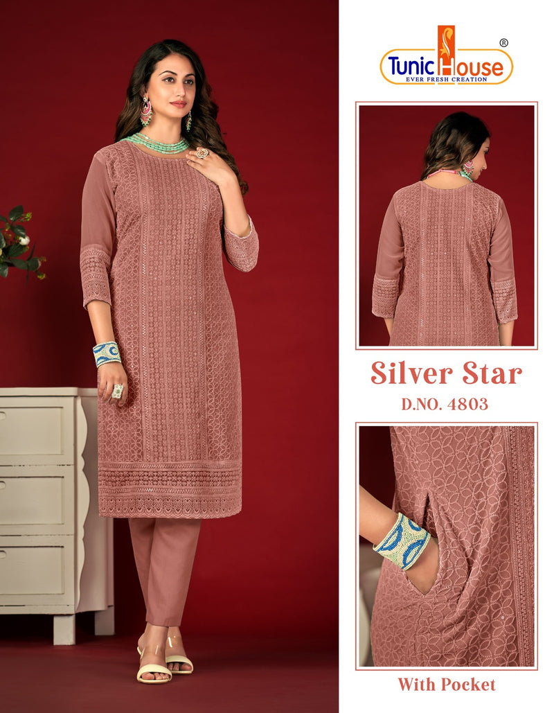 Tunic House Silver Star Chikankari Georgette Kurtis For Woman