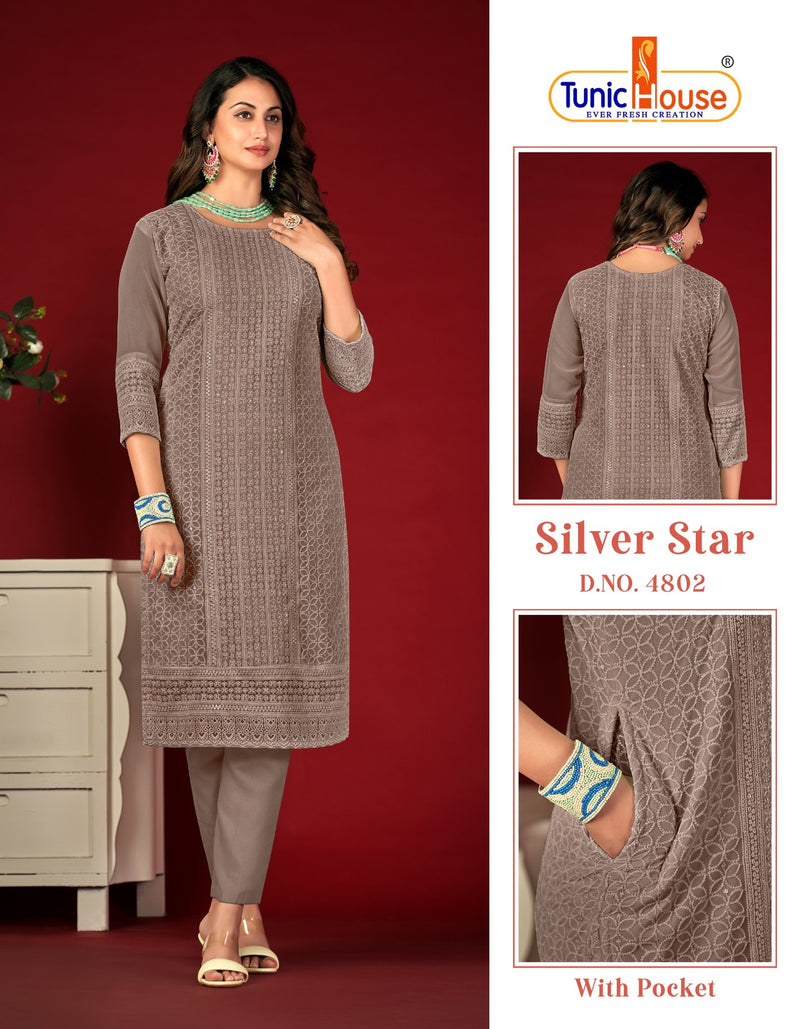 Tunic House Silver Star Chikankari Georgette Kurtis For Woman
