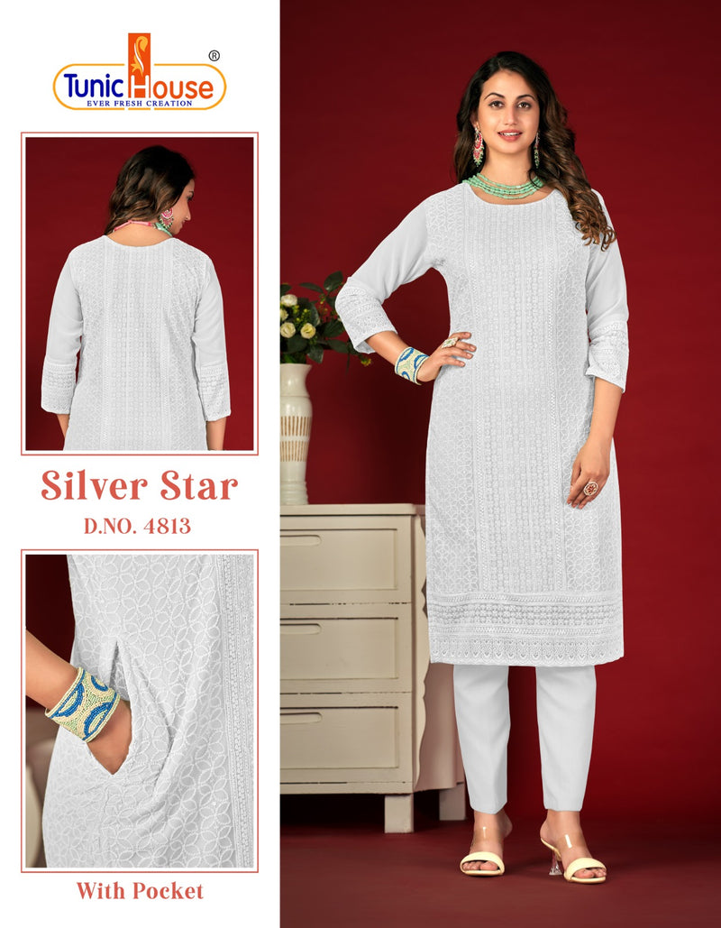 Tunic House Silver Star Chikankari Georgette Kurtis For Woman