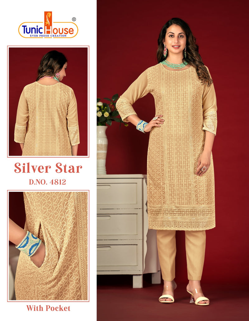 Tunic House Silver Star Chikankari Georgette Kurtis For Woman