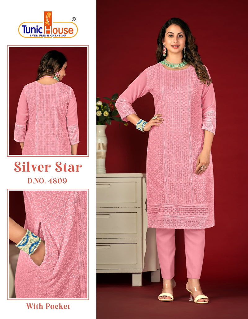 Tunic House Silver Star Chikankari Georgette Kurtis For Woman