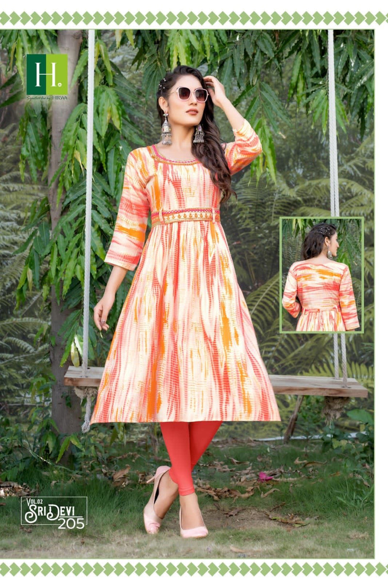 Hirwa Sridevi Vol 2 Rayon Foil Prints Fancy Naira Cut Style Kurtis Work Salwar Kameez